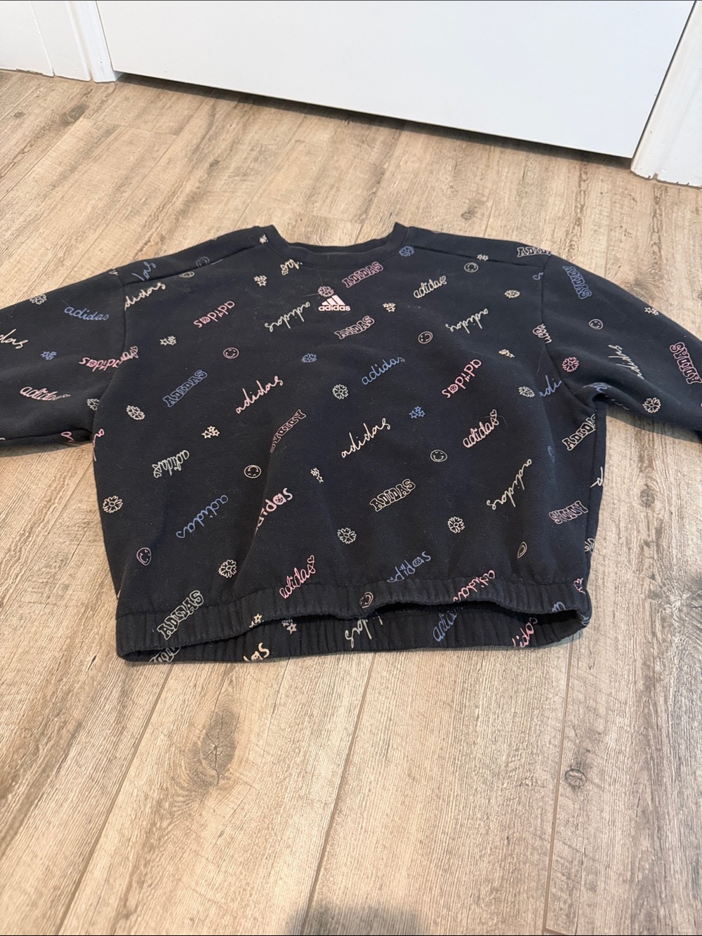 adidas Black Crewneck Sweatshirt with Multicolor Logo Print